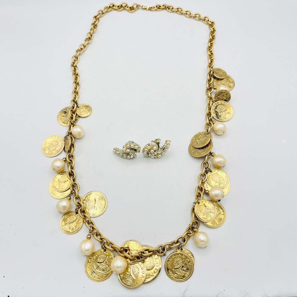 Vintage Gold Tone Coin and Faux Pearl Charm Necklace and Earring Set